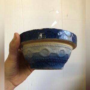 Tiny/ Small Antique Blue White Glazed Stoneware Crock Bowl, Farmhouse Decor